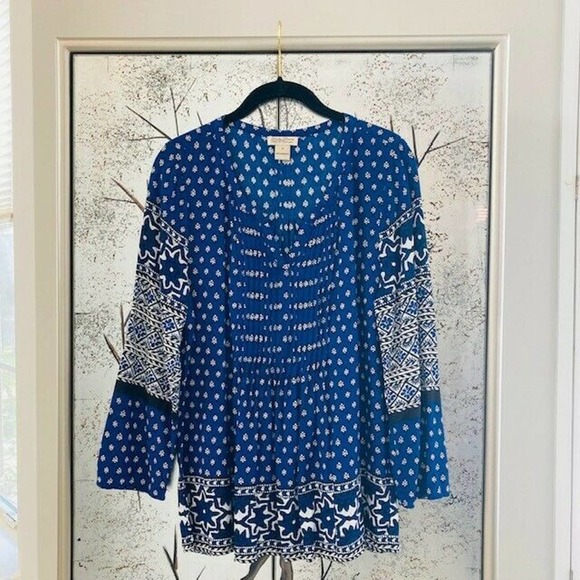 Lucky Women's Small Blue White Black Floral Print Boho Split Neck Blouse Top - Picture 2 of 8